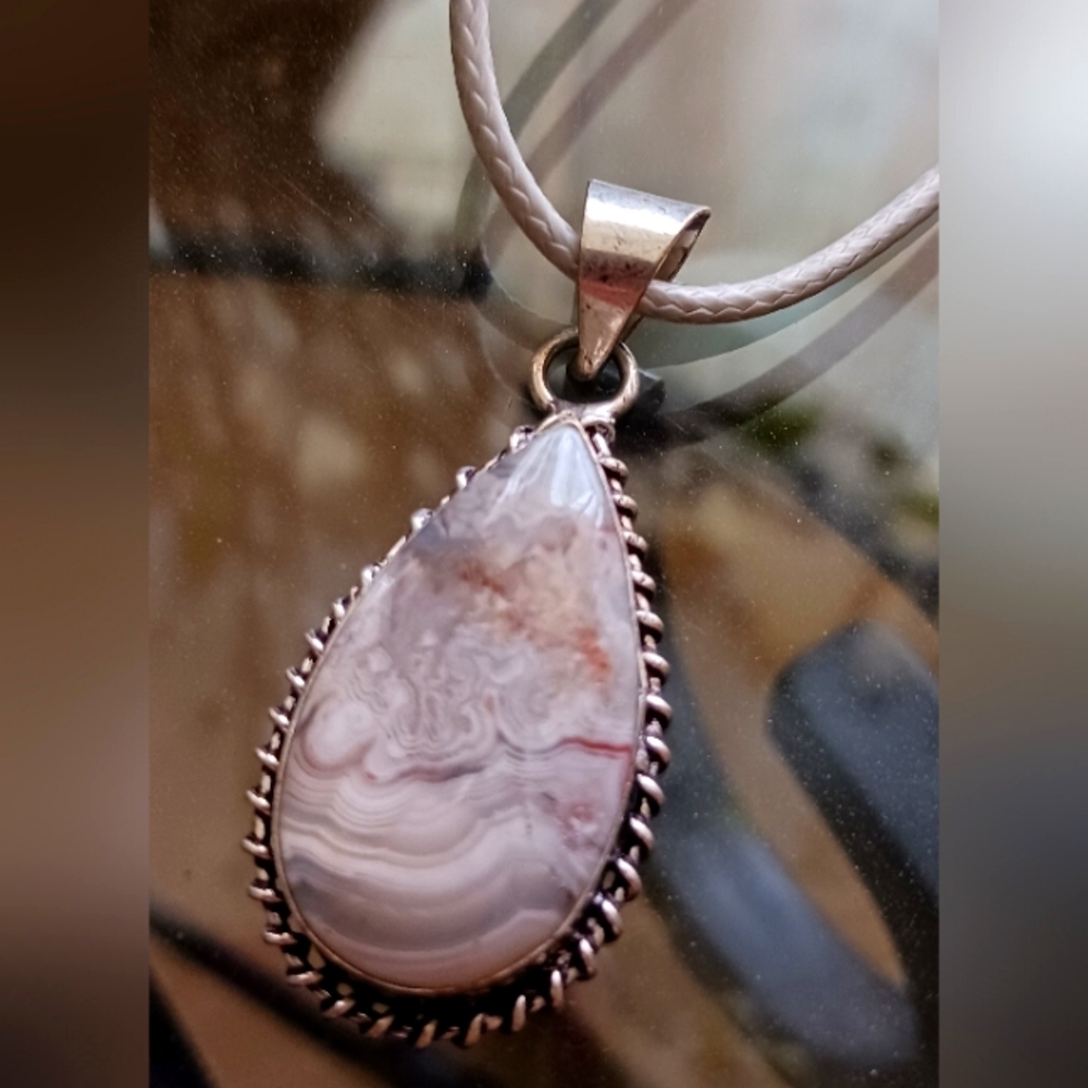 Crazy Lace Agate Pendant on 18" Grey Cord, Sterling Plated